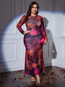 SHEIN Privé Vestido maxi elegante de talla grande con estampado floral aleatorio para San Valentín - Multicolor - Ver 3