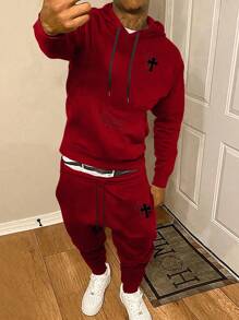 Manfinity Roghcode Men's Casual Cross Print Hoodie And Sweatpants Tracksuit Set, Men 2 Piece Outfits Red, Men 2 Piece Set Sweats, Men Hoodie Set Outfit - Red - View 1