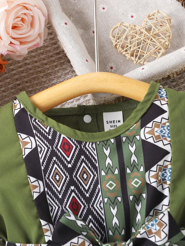 Baby Girl New Summer Fashion Splicing Geometric Print Casual Simple Short-Sleeved Dress Suitable For Vacation