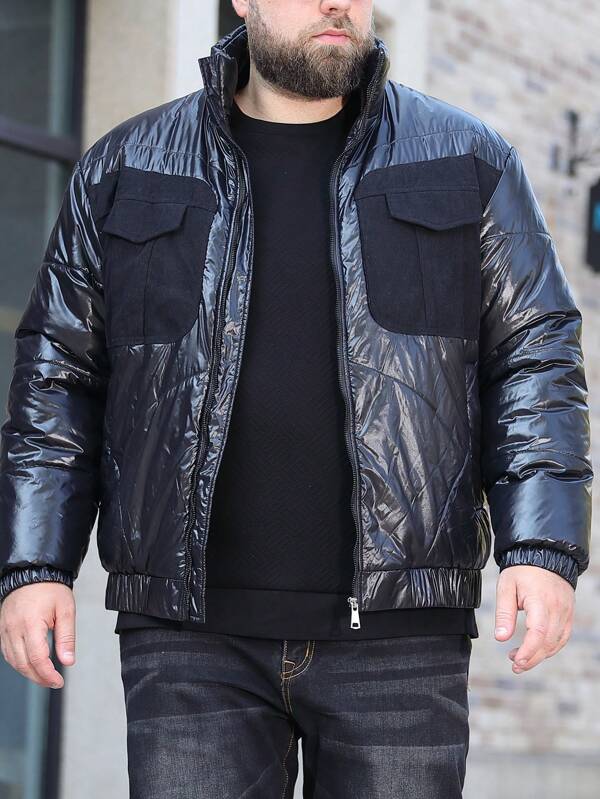 Manfinity Homme Men's Plus Size Stand Collar Long Sleeve Black Shiny Padded Coat