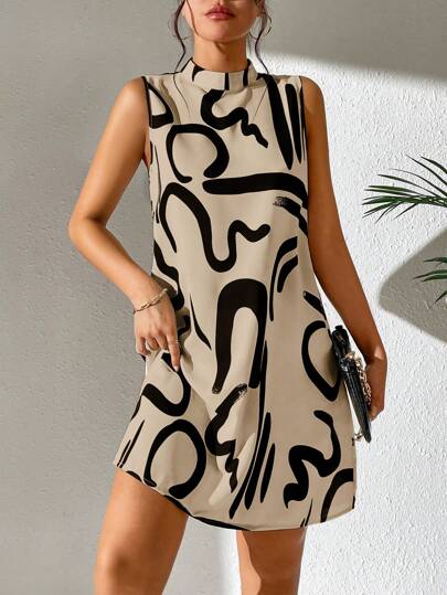 Chiquease Kvinnors Ärmlös Tryckt Stativkrage Lös Klänningar