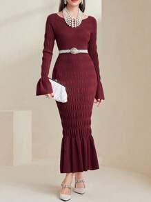 Modelyn Women's Elegant Pleated Design Sweater Dress - Burgundy - View 3