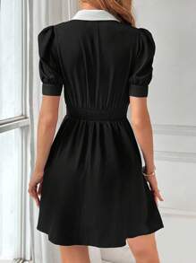 SHEIN Privé Của phụ nữ Màu sắc Chặn Chi tiết Nút Eo Kẹp chặt Đầm - màu đen - Xem 2