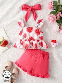 女婴花卉印花盖袖上衣和短裤套装 - 彩色 - 查看 2