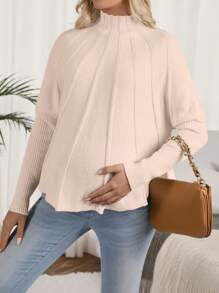 SHEIN Maternity Stand Collar A-Line Sweater, For Winter - Baby Pink - View 3