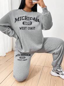 Flirla Plus Size Women's Letter Printed Round Neck Sweatshirt And Sweatpants Two-Piece Set - Light Grey - View 1