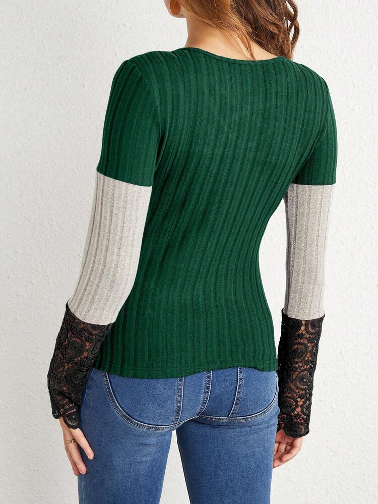 V-Neck Color Block And Lace Long Sleeve T-Shirt