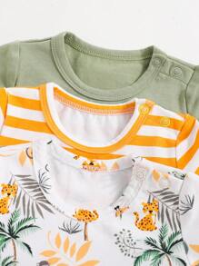 SHEIN Baby Boys' Cartoon Animal Print Striped Round Neck Short Sleeve Top