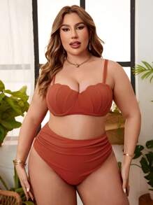 SHEIN Swim Curve Summer Beach Plus Size Women's Split Style Bikini Set With Scalloped Edge New Year - Rust Brown - View 4