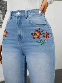 SHEIN Privé Women's Floral Embroidery Skinny Jeans - Light Wash - View 1