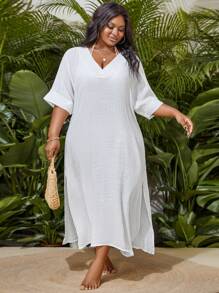 Slaydiva Summer Beach Plus Size 1pc V-Neck Batwing Sleeve Slit Side Cover Up Dress Wedding - White - View 4