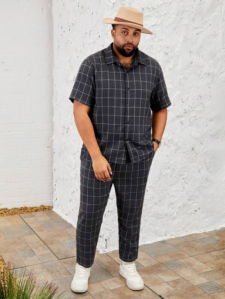 Men's Plus Size Checked Casual Two Piece Set
