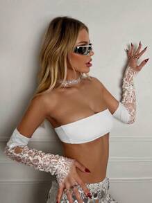 SHEIN ICON 女蕾絲拼接袖抹胸上衣 - 白色 - 查看 4