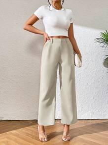 SHEIN PETITE Solid Color Straight-Leg Pants - Beige - View 5