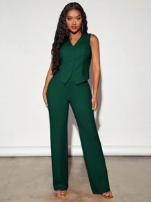 SHEIN SXY Ladies' Solid Color Sleeveless Pants Suit In Fall/Winter - Dark Green - View 1
