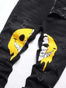 Men Cartoon Graphic Ripped Jeans - Dark Grey - View 4