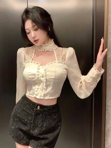 DAZY Áo cánh khoét cổ đứng ren chắp vá cho nữ, tay dài - Màu be - Xem 6