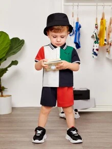SHEIN Conjunto De Pantalones Cortos Informales Y Jersey Con Cuello Plano Y Bloques De Color Para Bebé Niño - Multicolor - Ver 6