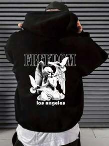 Men'S Angel Pattern Hooded Sweatshirt With Back Print - Black - View 1