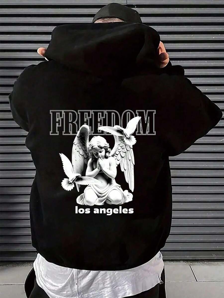 Men'S Angel Pattern Hooded Sweatshirt With Back Print - Black - View 1