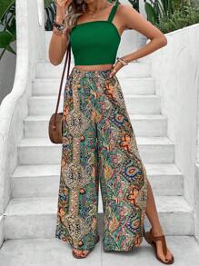 Breezaya Của phụ nữ Màu thuần Cami ngọn Và Phong cách nghỉ dưỡng Rộng chân Quần Bộ - màu xanh lá - Xem 5