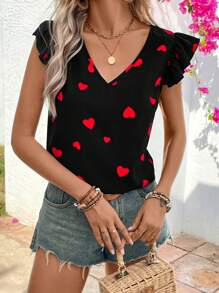 SHEIN LUNE V領心形圖案上衣,襯有荷葉邊袖子 - 黑色 - 查看 4