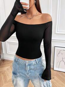 SHEIN EZwear 網眼長袖露肩黑色針織T恤 - 黑色 - 查看 5