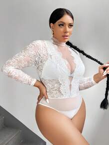 SHEIN SXY Plus Size Polka Dot Mesh Splice Stand Collar Lace Bodysuit - White - View 3