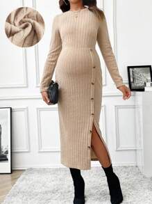 SHEIN Vestido Ribeteado Y Dividido De Maternidad - Caqui - Ver 3