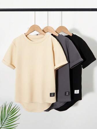 SHEIN 3 st/set pojkar casual t-shirts med böjd fåll och texturerat tyg, kortärmade, lämpliga för vardag, pendling och fritid, skolkläder