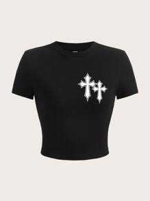 SHEIN EZwear Áo thun nữ cổ tròn tay ngắn họa tiết in chữ thập, dáng ôm vừa vặn, thích hợp cho mùa hè - màu đen - Xem 6