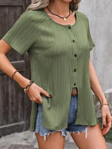 SHEIN Clasi Blusa De Manga Corta Raglán Con Botones - Verde - Ver 6