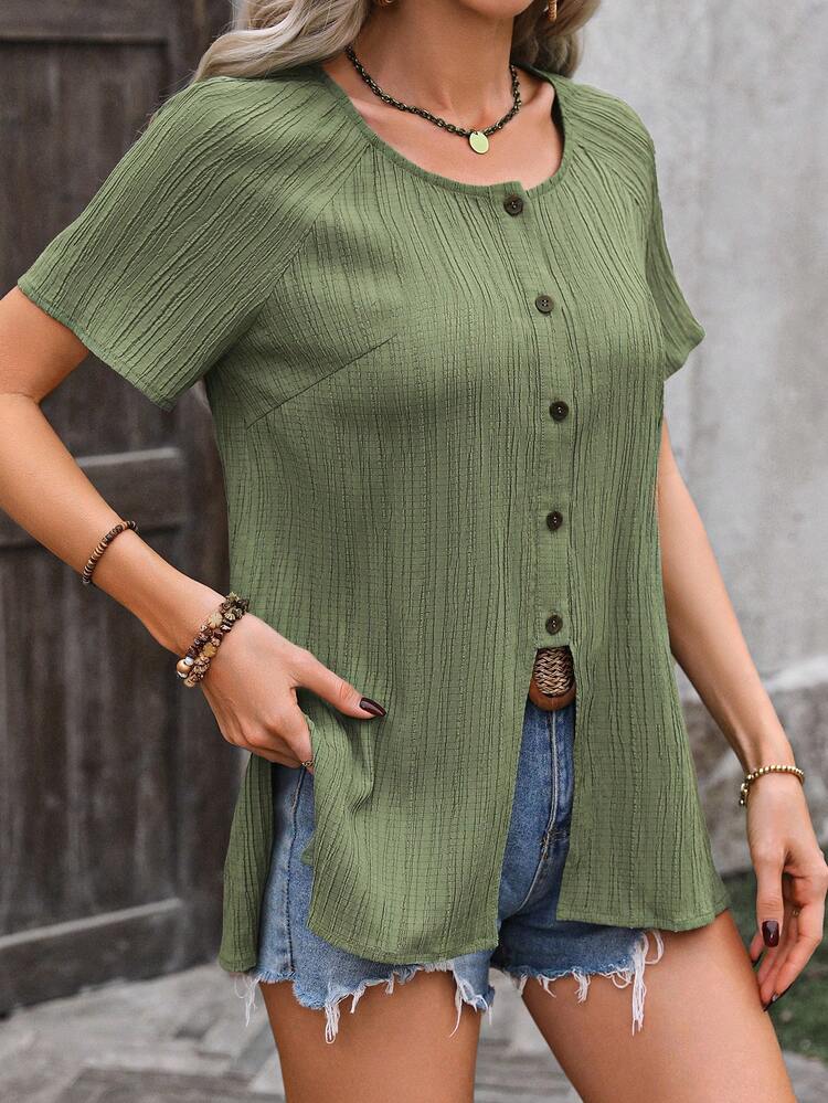 Button Up Raglan Short Sleeve Blouse