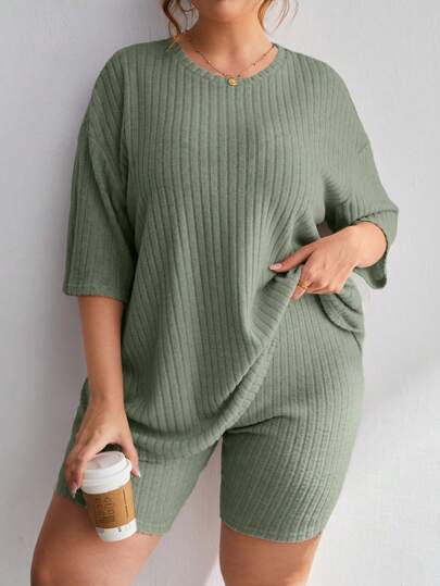 SHEIN Essnce Nervürlü Örgü Sade Gündelik Artı Beden Co-Ord