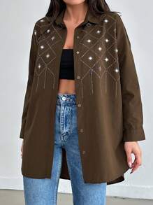 EURMUSE Women'S Rhinestone Button Cardigan Shirt - Brown - View 5