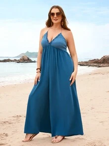 SHEIN VCAY Plus-Size Halter Neck Backless Strap Jumpsuit - Blue - View 4
