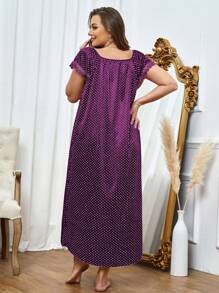 Camisón de noche con estampado de lunares y encaje talla grande, vestido largo - Morado - Ver 3