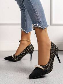 珍珠細節尖頭 8 公分女高跟鞋,黑色麂皮優雅踝帶工作鞋,ol 鞋 - 黑色 - 查看 4