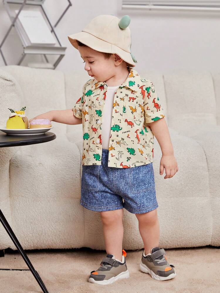 Unisex Baby Cute Dinosaur Pattern Short Sleeve Shirt And Denim Shorts Set