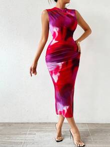 SHEIN Privé 女款修身無袖網紗印花洋裝 - 彩色 - 查看 1