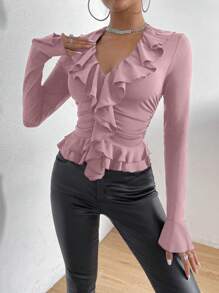 Allurite Elegant Women's Pink Ruffled Collar & Ruffled Long-Sleeve T-Shirt, Autumn Women's Wear Fabric - Dusty Pink - View 5