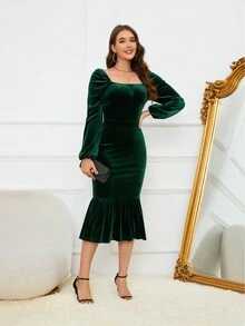 女士方領燈籠袖人魚裙搭配 - 綠色 - 查看 1