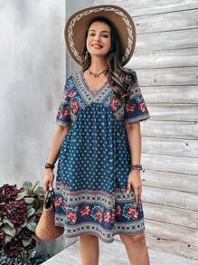 EMERY ROSE 春季大尺碼女款 V 領全印花洋裝 - 彩色 - 查看 4