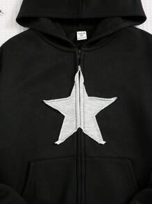 SHEIN Tween女孩星星印花針織連帽寬鬆風格運動衫 - 黑色 - 查看 5