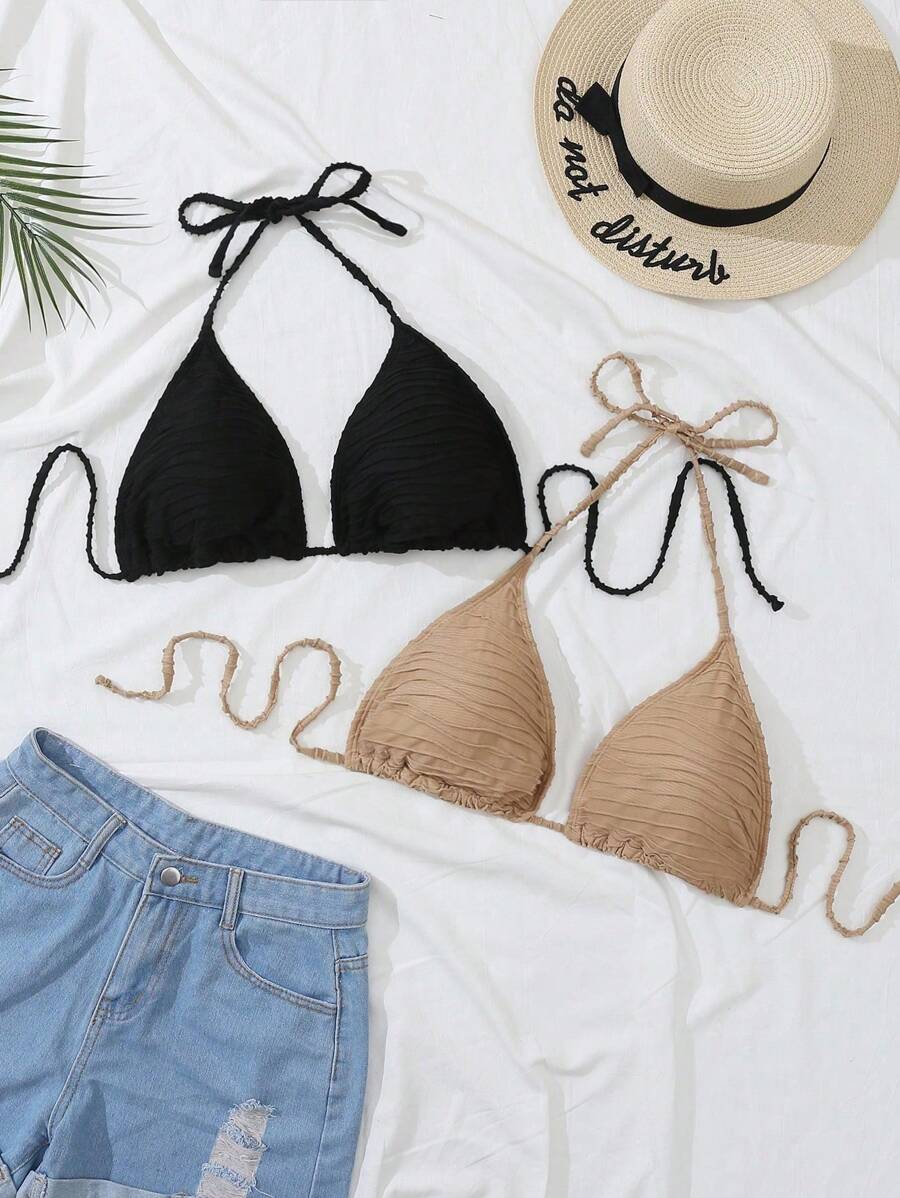 Swim Vcay 大碼2入組素色後背繫帶吊脖三角杯比基尼上衣 - 黑色 - 查看 1
