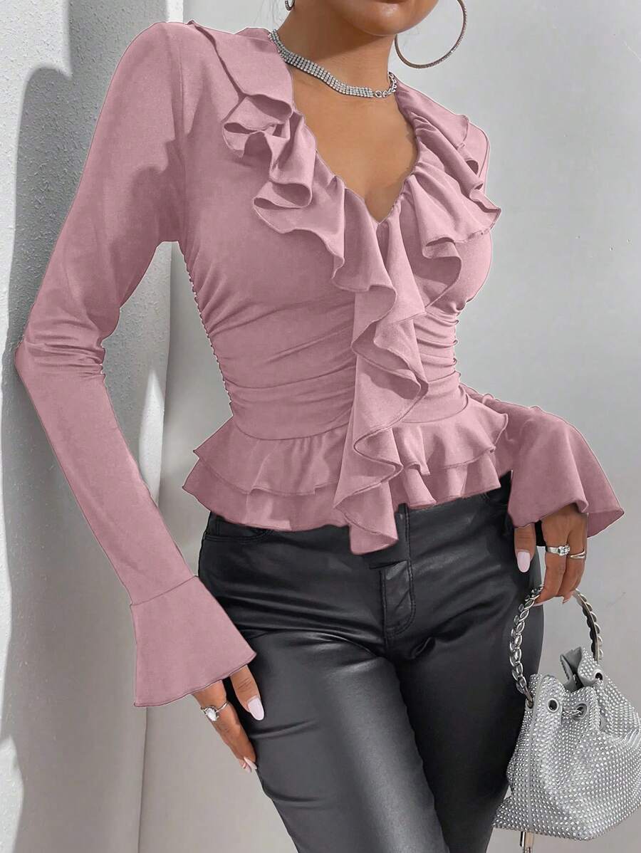Allurite Elegant Women's Pink Ruffled Collar & Ruffled Long-Sleeve T-Shirt, Autumn Women's Wear Fabric - Dusty Pink - View 1