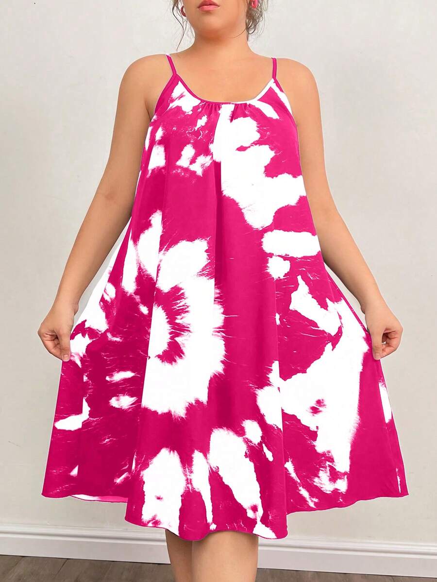 EMERY ROSE 大码女式夏季扎染吊带连衣裙 - 玫紅色 - 查看 1