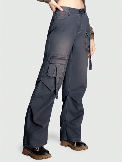 Hippie High Waisted Straight Leg Cargo Style Jeans