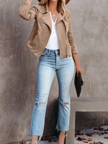 Chiquease Women Suede Zip-Up Motorcycle Jacket With Multiple Zipper Decorations - Khaki - View 4