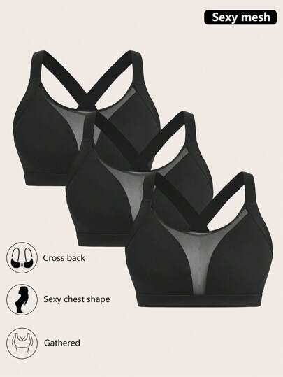 Easithlete Plus 3pcs Contrast Mesh Crisscross Back Sports Bra